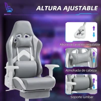 HOMCOM Silla Gamer Reclinable con Altura Ajustable Reposapiés Retráctil Soporte Lumbar y Reposacabezas Gris Claro y Blanco(m-7)