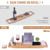 HOMCOM Pont tablette plateau de baignoire avec support de maintien rétractable 74-108L x 23l cm bambou(m-5)