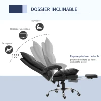 Vinsetto Fauteuil de bureau, chaise bureau ergonomique en similicuir avec large assise rembourrée, dossier inclinable, hauteur réglable, accoudoirs et repose-pied intégrés, charge 135 Kg, noir(m-5)