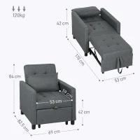 HOMCOM 3-In-1 Chair Bed, Convertible Sleeper Chair with Adjustable Backrest, Pillow and Footrest for Living Room, Dark Grey(m-3)