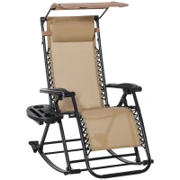 Outsunny Garden Rocking Chair Folding Recliner Outdoor Adjustable Sun Lounger Rocker Zero-Gravity Seat with Headrest Side Holder Patio Deck - Beige(m-10)