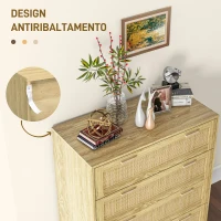 HOMCOM Mobile Cassettiera 4 Cassetti Stile Boho in Legno e Rattan, 90x45x108.5cm, Rovere(m-6)