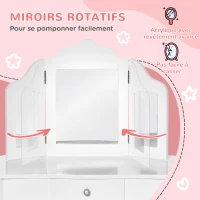 HOMCOM Coiffeuse Enfant avec Tabouret, Miroir triptyque et tiroir Coulissant - Coiffeuse dim. 63L x 40l x 85,5H cm - Blanc Acrylique(m-6)