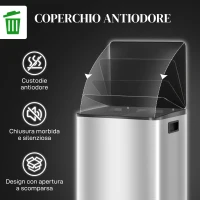 HOMCOM Bidone Immondizia a 2 Sezioni da 30L a Pedale con Coperchio Silenzioso, in Acciaio Inox e PP, 47.7x37.5x66.8 cm(m-6)