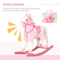 HOMCOM Cheval à Bascule en Bois et Peluche pour Enfant Cheval de Cowboy peluche Pour Enfants de 3-6 Ans Jouet balançoire avec Effet sonore Selle rênes Rose Blanc(m-4)