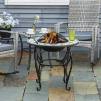 Outsunny 3-in-1 Φ68cm Outdoor Fire Pit, Garden Table with Cooking BBQ Grill, Mosaic Firepit Bowl with Spark Screen Cover, Fire Poker for Backyard Bonfire Patio(m-10)