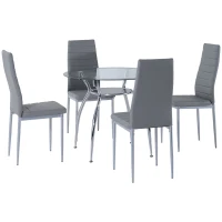 HOMCOM Conjunto Mesa y 4 Sillas de Comedor 5 Piezas Mesa Redonda de Vidrio Templado y 4 Sillas con Patas de Acero Gris(m-10)