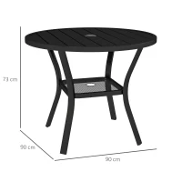 Outsunny 90 cm Garden Dining Table with 4-5 cm Parasol Hole, Round Outdoor Dining Table, Steel Garden Table with Slatted Metal Top and Wire Shelf for Balcony, Porch, Black(m-3)