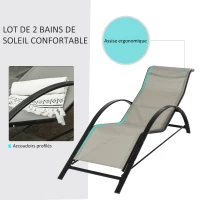 Outsunny Lot de 2 bains de soleil design contemporain table basse plateau verre trempé métal époxy textilène gris(m-4)