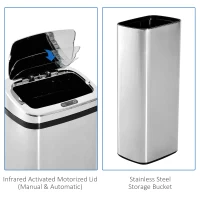 HOMCOM 50L Infrared Touchless Automatic Motion Sensor Dustbin Stainless Steel Trash Can Home Office(m-6)