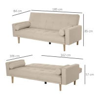 HOMCOM Divano Letto 3 Posti con Schienale Regolabile su 3 Livelli, 2 Cuscini e Braccioli Rimovibili, Beige, 185x84x85cm(m-3)