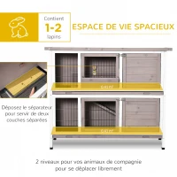 PawHut Cage à lapin en bois massif clapier 2 niveaux toit ouvrant avec auge plateaux coulisants 4 portes 122 x 50 x 101 cm gris blanc(m-4)