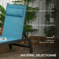 Outsunny Bain de soleil transat en aluminium et textilène avec roulettes et repose-tête dossier inclinable bleu(m-6)