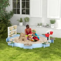 Outsunny Wooden Sandbox, Outdoor Sand Pit, with Six Seats, Accessories, for Ages 3-7 Years - Blue(m-2)