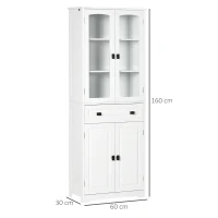 HOMCOM Alacena de Cocina con 2 Puertas de Vidrio 2 Estantes Ajustables y Cajón para Salón Comedor 60x30x160 cm Blanco(m-3)