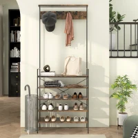 HOMCOM Coat Stand, Industrial Coat Rack with Shoe Storage, Free Standing Hall Tree with 5 Hooks, 5 Shelves and Steel Frame for Hallway, Entryway, Rustic Brown(m-2)