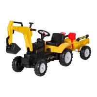 HOMCOM Tractor a Pedales para Niños de 3-6 Años Excavadora con Pala  y Remolque Extraíble 163x42x71 cm Amarillo y Negro(m-11)