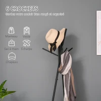 HOMCOM Porte-manteau trépied style industriel branches 2 étagères + 6 patères dim. 52L x 46l x 182H cm métal noir panneaux particules boisés(m-4)