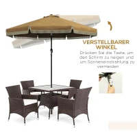 Outsunny Sonnenschirm mit Fransendekor, Ø265 cm, neigbar, zweiteiliger Metallmast, Windhaube, Khaki/Schwarz(m-4)