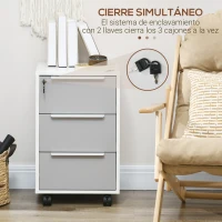 HOMCOM Mueble Archivador con Ruedas 3 Cajones Cerradura y 2 Llaves para Estudio Salón 40x40x63,5 cm Blanco y Gris(m-8)