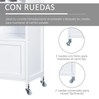 HOMCOM Carro de Cocina Auxiliar con Ruedas Carrito de Servicio con 2 Cajones Botellero para 9 Botellas Soporte para Vasos Estante Abierto y Armario 76x40x88 cm Blanco(m-6)