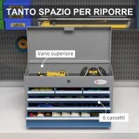 DURHAND Cassetta Attrezzi in Acciaio con 6 Cassetti, un Bauletto e 2 Chiavi, 60x26x34 cm. Blu(m-5)