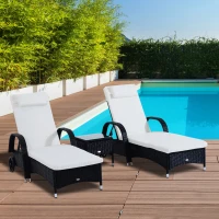 Outsunny Conjunto de 2 Tumbonas con Cojín y Respaldo Ajustable 5 Posiciones y 1 Mesita de Ratán Sintético Color Negro(m-2)