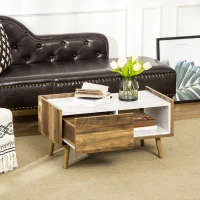 HOMCOM Mesa de Centro para Salón con Cajón y Estante Abierto Mesa de Café Industrial con Encimera de Mármol y Patas Elevadas de Madera 80x45x40,5 cm Marrón Rústico y Blanco(m-2)