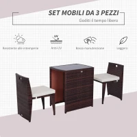 Outsunny Set 2 Pezzi Mobili da Giardino in Rattan Salvaspazio con 1 Tavolo e 2 Sedie con Cuscini, Marrone e Beige(m-4)