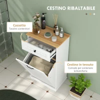 HOMCOM Mobiletto Bagno in Legno con Cesto Portabiancheria in Tessuto Ribaltabile e Cassetto, Bianco(m-4)