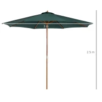 Outsunny 3(m) Wooden Patio Umbrella, Pulley Operated Garden Parasol with Rope Pulley Mechanism and 8 Ribs, Dark Green(m-3)