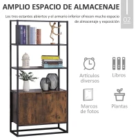 HOMCOM Mueble Estantería con 3 Estantes Abiertos y 1 Armario de Doble Puerta con Base Elevada Librería Multifuncional de Almacenaje 76x33x162,5 cm Marrón Rústico(m-5)