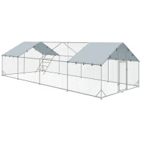 PawHut Kippenren, Buitenren voor Kippen, met UV-bestendig Doek, Stalen Gaas, Voederautomaat, voor 24-30 Kippen(m-10)