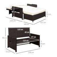 Outsunny Canapé-lit de jardin modulable en résine tressée bain de soleil 2 places dossier inclinable tablettes rétractables coussins intégrées crème + repose-pieds avec coffre de rangement chocolat(m-3)