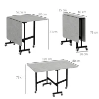 HOMCOM Esstisch für 4-6 Personen, Klapptisch mit Rollen, Stahlgestell, 52,5-120 x 80 x 73 cm, Grau(m-3)