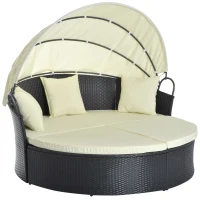 Outsunny Lit canapé de jardin modulable grand confort pare-soleil pliable intégré 4 coussins 3 oreillers 171L x 180l x 155H cm métal résine tressée polyester noir beige(m-1)