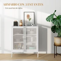 HOMCOM Aparador con 3 Estantes Mueble Auxiliar con Puertas de Rejilla Metálica y Estante Ajustable 80x37x92 cm Blanco(m-4)