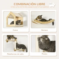 PawHut Juego de Escalada para Gatos de 3 Piezas Set de Pared con Estantes Cama  Hamaca y Poste de Sisal Color Roble(m-5)