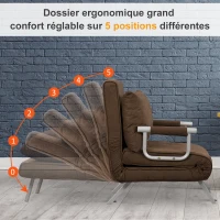 HOMCOM Fauteuil chauffeuse canapé-lit Convertible 1 Place déhoussable Grand Confort Coussin Pieds accoudoirs métal suède Marron(m-6)