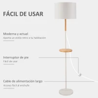 HOMCOM Lámpara de Pie con Estante de Madera Pantalla de Tela Casquillo E27 Máx. de 40W y Interruptor de Pie Moderno para Salón Dormitorio Estudio Ø35x155 cm Blanco(m-6)