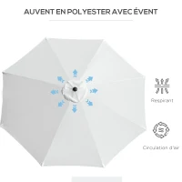 Outsunny Parasol de jardin extérieur Parasol droit inclinable Ø 3 m en métal Rond Polyester 180g/m² manivelle inclinable Blanc(m-8)