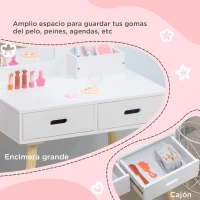 ZONEKIZ Tocador de Madera Infantil con Taburete y Espejo Centro de Belleza con 2 Cajones para 3-6 Años 60x40x95cm Blanco(m-5)