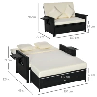 Outsunny Ensemble de jardin 2 places : canapé dossier inclinable tablettes coffre matelas et coussins intégrées + repose-pieds résine tressée noir polyester crème(m-3)