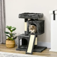 PawHut Árbol Múltiples Actividades para Gatos Centro de Juegos para Mascotas con Postes y Tablero Rascador Cuevas Cama con Borde Elevado Tacto Suave 59x39x83 cm Gris Oscuro(m-2)