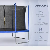 HOMCOM Trampoline rond Ø 366 cm avec filet de protection, capacité 150 kg pour adultes et enfants - bleu et noir(m-5)