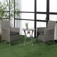 Outsunny 3 Pieces Rattan Bistro Set, Wicker Garden Furniture Set with 2-Tier Coffee Table and Chairs, Washable Cushions, for Outdoor Patio Balcony, Grey(m-2)