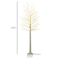 HOMCOM Kunstbaum, Kunstbirke, mit 180 LEDs, 3 Helligkeitsstufen, warmweiß, realistische Rinde, 21,5 x 21,5 x 180 cm(m-3)