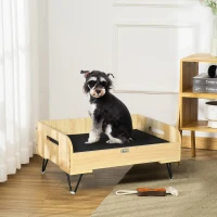 PawHut Cama de Madera para Perros Gatos Cama Cesta para Mascotas Pequeñas con Cojín Acolchado Asas y Patas de Acero 70x45x32 cm Roble y Negro(m-2)