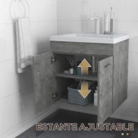 kleankin Mueble de Baño con Lavabo Cerámico Armario Bajo de Lavabo de Pared con 2 Puertas Estante Ajustable 60x45,5x60 cm Gris(m-7)