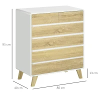 HOMCOM Kommode, Sideboard, 6 Schubladen, minimalistisches Design, weiß+holz, 80 x 40 x 95 cm(m-3)